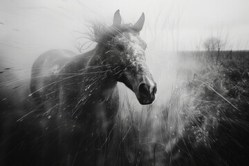 Aufkleber - Artistic portrayal of a horse entangled in abstract, sharp lines, emphasizing its restricted movement,