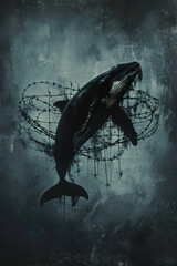 Aufkleber - Illustration of a whale with barbed wire cutting through its silhouette, representing the confinement of ocean creatures,