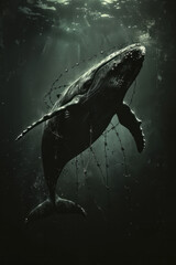 Aufkleber - Illustration of a whale with barbed wire cutting through its silhouette, representing the confinement of ocean creatures,