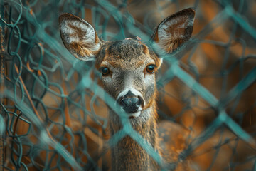 Aufkleber - Artistic depiction of a deer with sharp, abstract barriers weaving through its body, highlighting its captivity,