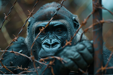 Aufkleber - Scene of a gorilla with barbed wire wrapped around its limbs, emphasizing the physical limitations imposed on it,