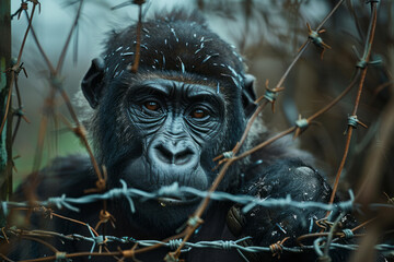 Aufkleber - Scene of a gorilla with barbed wire wrapped around its limbs, emphasizing the physical limitations imposed on it,