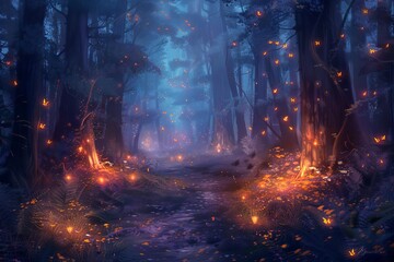 fireflies enchanted forest fairytale magic fantasy glowing night insects nature whimsical mythical creatures digital painting 