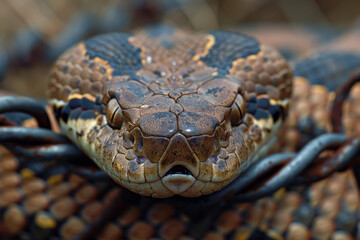 Aufkleber - Illustration of a snake with barbed wire coiling around its body, restricting its natural movement,
