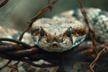Aufkleber - Illustration of a snake with barbed wire coiling around its body, restricting its natural movement,