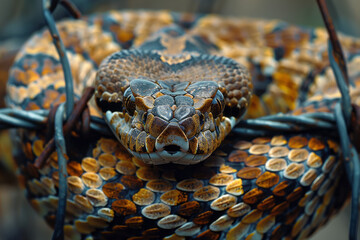 Aufkleber - Illustration of a snake with barbed wire coiling around its body, restricting its natural movement,