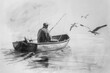 © Lucija - fisherman fishing boat whittling seagulls pastime leisurely cozy nostalgic pencil sketch hobbies and leisure