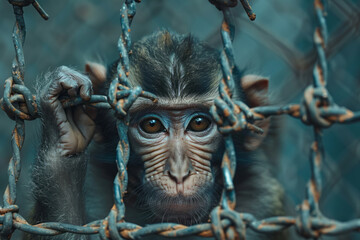 Aufkleber - Illustration of a monkey with barbed wire coiling around its limbs and body, highlighting the restrictions of captivity,