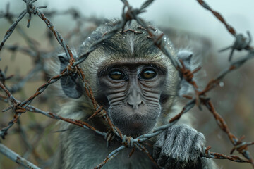 Poster - Illustration of a monkey with barbed wire coiling around its limbs and body, highlighting the restrictions of captivity,