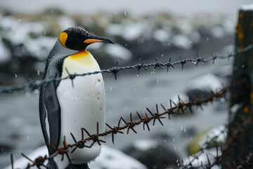Wall Mural - Illustration of a penguin with barbed wire cutting through its form, highlighting the limitations of its captivity,