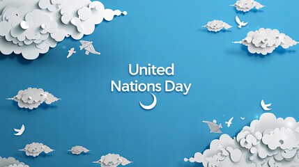 a poster for united nations day with a blue background white clouds and a blue sky.