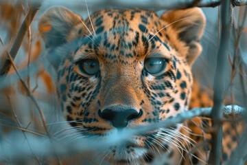 Aufkleber - Artistic portrayal of a leopard entangled in sharp, abstract barriers, symbolizing its restricted movement,
