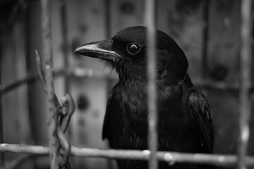 Aufkleber - Dynamic image of a bird trapped in a distorted birdcage, the twisted wires creating a sense of entrapment,
