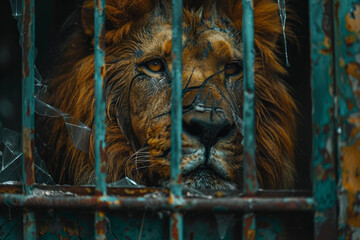 Aufkleber - Illustration of a lion in a fragmented cage, with broken bars and shattered walls emphasizing its confined space,
