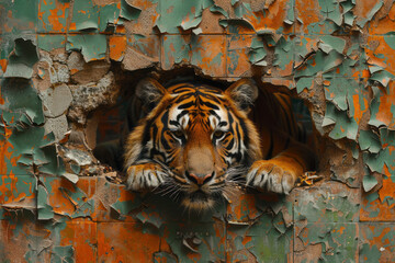 Aufkleber - Artistic depiction of a tiger in a cracked enclosure, with pieces of its surroundings crumbling away,