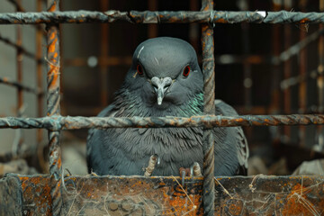 Aufkleber - Dynamic image of a bird trapped in a distorted birdcage, the twisted wires creating a sense of entrapment,