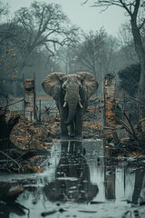 Aufkleber - Illustration of an elephant in a fragmented zoo habitat, with distorted trees and broken barriers,
