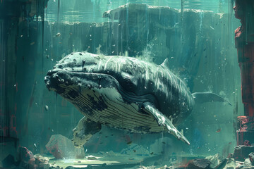 Aufkleber - Illustration of a whale in a broken aquarium, the shattered glass and fragmented water emphasizing its confinement,