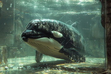 Aufkleber - Illustration of a whale in a broken aquarium, the shattered glass and fragmented water emphasizing its confinement,