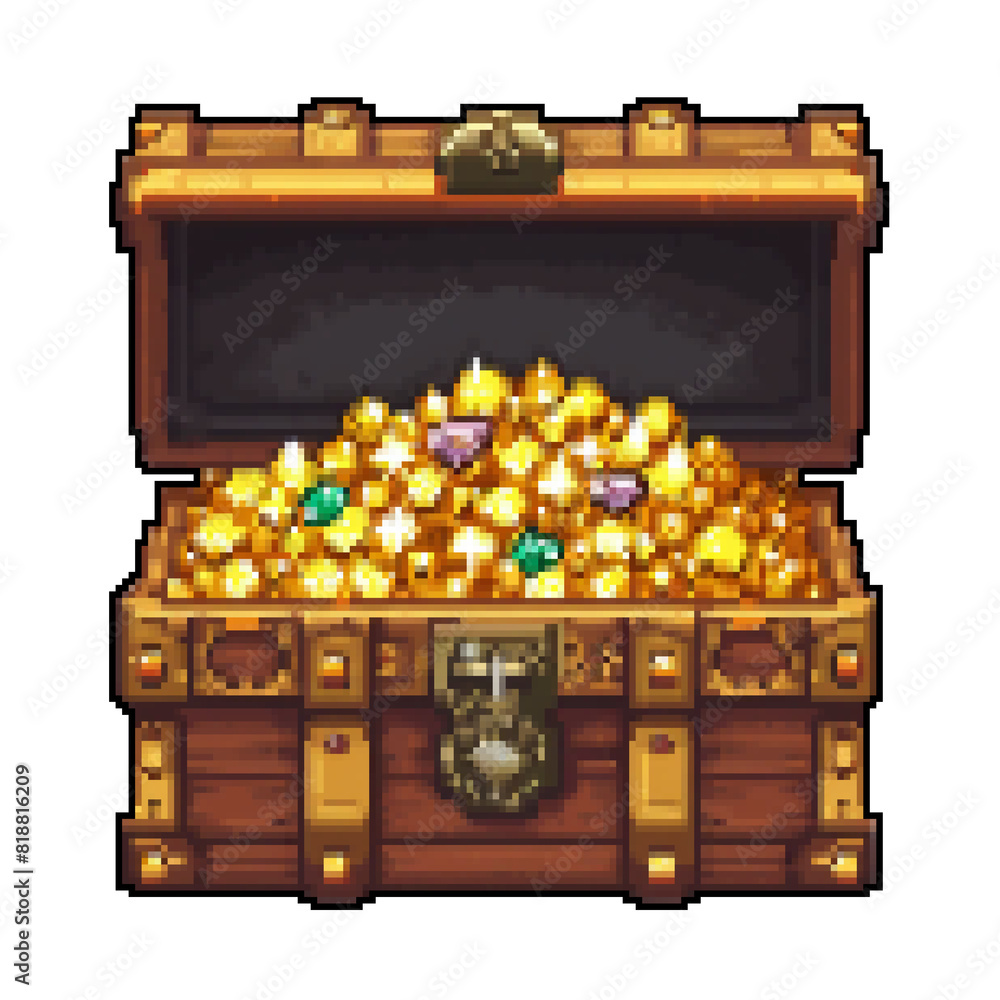 Open Pixel Art Treasure Chest Overflowing With Gold Coins Retro 8 Bit 