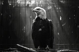 Fototapeta  - Scene of an eagle in a distorted aviary, the twisted wires and broken perches highlighting its limited freedom,