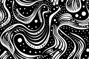 Poster - A black and white abstract painting with a lot of swirls and dots. The painting is very detailed and has a lot of texture. The overall mood of the painting is very dynamic and energetic