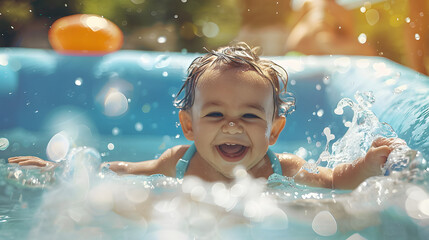Poster - Happy baby playing in swimming pool during summer vacation. 