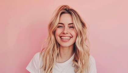 Happy smiling woman with blonde hair on pastel background, copy space for text, design use