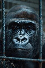 Wall Mural - Scene of a gorilla with heavy, oppressive waves in shades of gray, representing its despair and sadness in a cage,