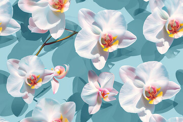 White orchid flowers pattern on a light blue background, creating a seamless, elegant design perfect for romantic, botanical decorations and feminine textiles