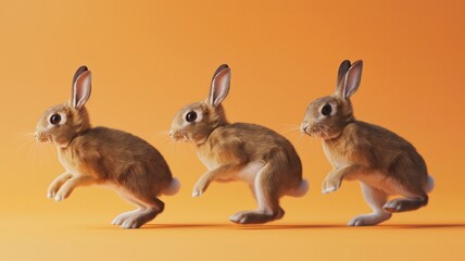 three rabbits running on an orange background, easter concept