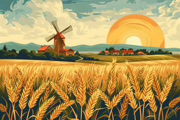 Wall Mural - Rural landscape with windmill and village. Farm and wheat field with harvest. Autumn nature. Illustration in vintage style for design banner, poster, background