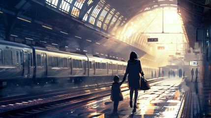 Wall Mural - A mother and child eagerly watching for the arrival of their train on the platform