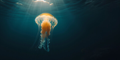 Wall Mural - the jellyfish swimming underwater, clear ocean water seabed, copy space for text