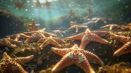 Wall Mural - An enchanting scene of starfish adorning the ocean floor