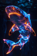 Wall Mural - Dynamic image of a shark with sleek, neon blue lines tracing its powerful body, creating a futuristic appearance,