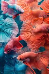 Wall Mural - Illustration of betta fish arranged in a pattern that gives the impression of an ethereal underwater garden,