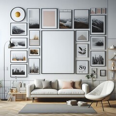 Wall Mural - A Room with a mockup poster empty white and with a couch and a chair realistic card design image attractive.
