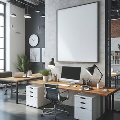 Wall Mural - A Room with a mockup poster empty white and with a large desk and a large picture frame realistic image used for printing has illustrative lively.