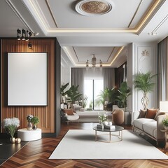 Wall Mural - A Room with a mockup poster empty white and with a large rectangular frame and a couch realistic art realistic used for printing lively.