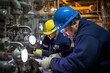 © Vera - Two engineers in hard hats and safety gear work meticulously on a complex system of industrial pipes and valves, emphasizing precision, teamwork, and the importance of safety in an industrial setting.