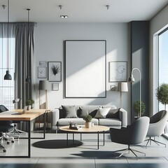 Wall Mural - A Room with a mockup poster empty white and with a table and chairs in office and a large picture frame realistic has illustrative harmony has illustrative.