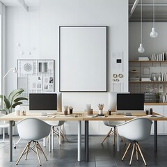 Wall Mural - A Room with a mockup poster empty white and with a table and chairs in office and computers realistic used for printing image used for printing.