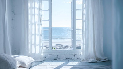 Poster - A window with a picturesque view of a scenic landscape, with white tones and good lighting,