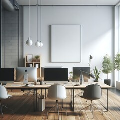 Wall Mural - A Room with a mockup poster empty white and with computers and chairs in office realistic attractive art harmony.