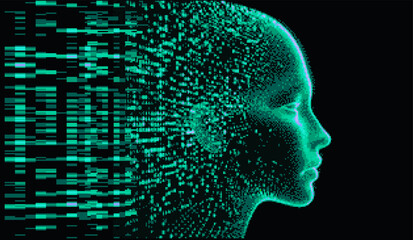 Aufkleber - Green 3D human profile made of pixels and particles on dark background. Conceptual vector illustration of identity in virtual reality.