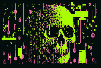 Collage of a skull and binary code on a glitchy pixelated background. The concept of cybersecurity and malware.