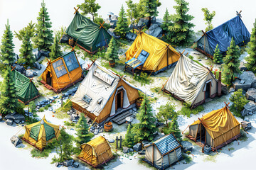 Wall Mural - isometric tents game asset