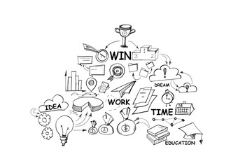 Aufkleber - Hand-drawn doodles related to success and work, such as a trophy and lightbulb, on a white background, representing business concepts