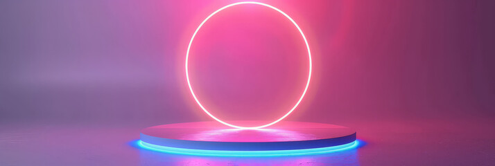 Wall Mural - White podium with glowing neon circle on pastel background,pink podium